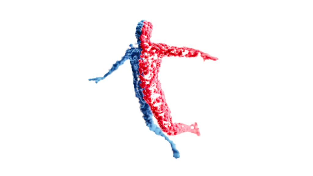 Abstract 3D figure composed of red and blue elements, symbolizing balance and unity.