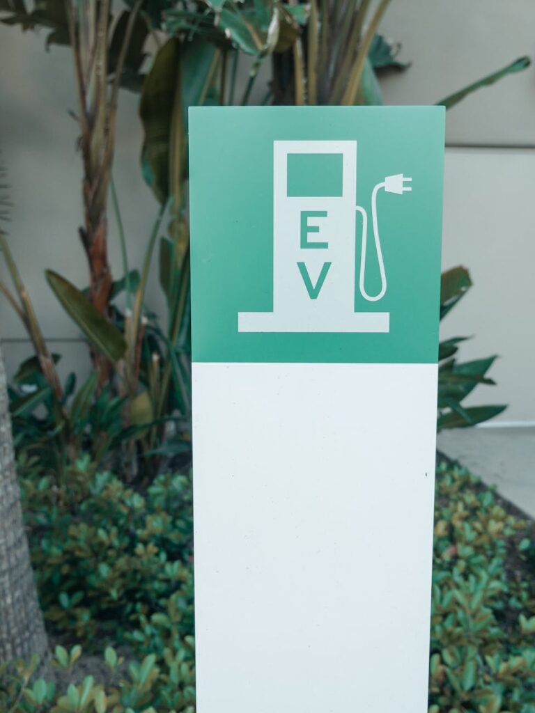 Close-up of an electric vehicle charging station sign amidst plants.