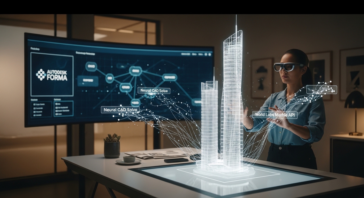 A 2026 architect manipulating a holographic Neural CAD model powered by Autodesk Forma and World Labs Marble API for advanced spatial intelligence.