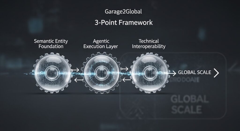 A 3D diagram showing the three interconnected pillars of Garage2Global's digital marketing solutions: Semantic Entities, Agentic Workflows, and Technical Interoperability.