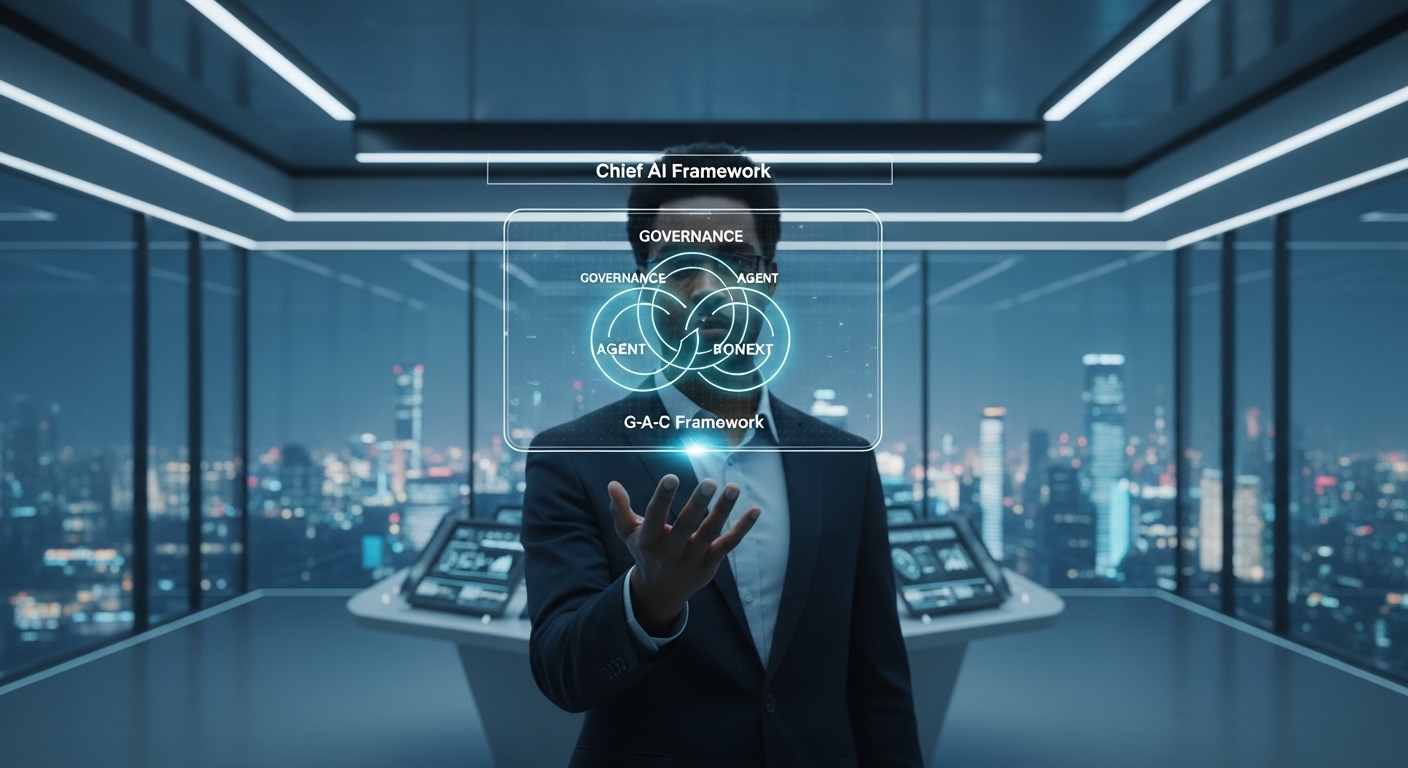 A Chief AI Officer managing enterprise AI transformation using the G-A-C Governance Framework (Governance, Agent, Context) in a futuristic command center.